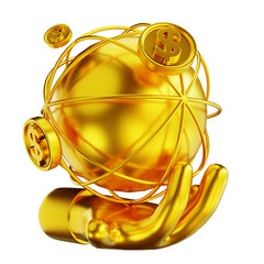 3D illustration golden global hands and money