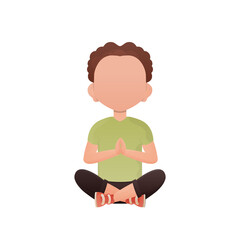 Cute preschool boy meditates Meditates.   Cartoon style.