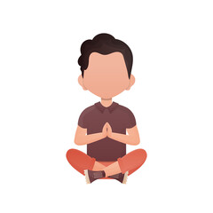 A cute preschool boy is engaged in the lotus position.   Cartoon style.