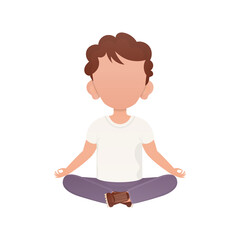 Little boy meditates Meditates.   Cartoon style.