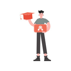 The guy stands in full growth and holds a graduation cap.   Element for presentations, sites.