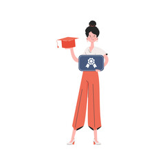 The girl stands in full growth and holds a graduation cap.   Element for presentations, sites.