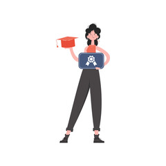 The girl stands in full growth and holds a graduation cap and a diploma.   Element for presentations, sites.