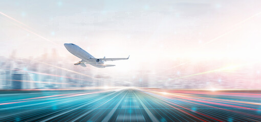 Technology digital future of commercial air transport concept, Airplane taking off from airport...