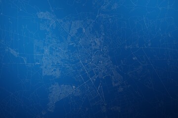 Stylized map of the streets of Marrakesh (Morocco) made with white lines on abstract blue background lit by two lights. Top view. 3d render, illustration