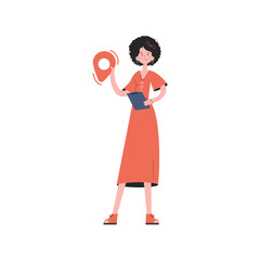 A woman stands in full growth and holds a location icon in her hands.   Element for presentations, sites.