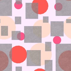 Seamless pattern of geometric shapes with texture on a light pink background for textiles. Circles and rectangles on a light background for wallpaper.