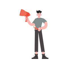 A man stands in full growth holding a loudspeaker and binoculars.   Element for presentations, sites.