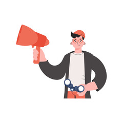 A man stands waist-deep with binoculars.   Element for presentations, sites.