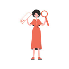 A woman stands in full growth with a web search bar.   Element for presentations, sites.
