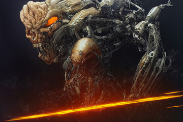 Mutant cyborg pumpkin or jack-o-lantern, digital illustration, halloween background