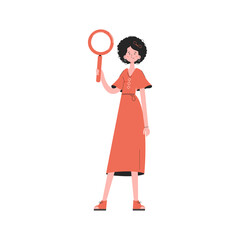 A stylish girl stands in full growth and holds a magnifying glass in her hands.   Element for presentations, sites.