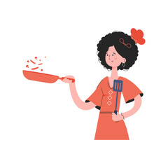 A woman stands waist-deep and holds a spatula in her hands.   Element for presentations, sites.