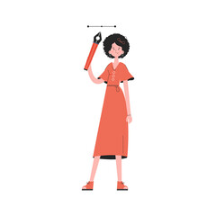 Girl designer stands in full growth holds a pen tool in her hands.   Element for presentations, sites.