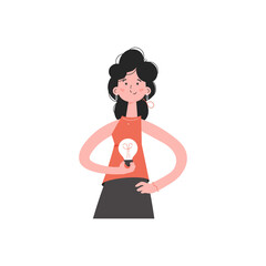A woman stands waist-deep with a light bulb in her hands.   Element for presentations, sites.