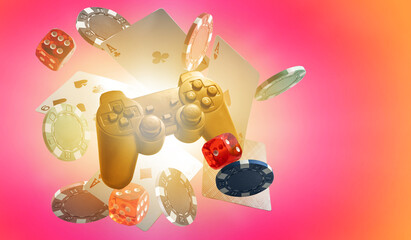 Fototapeta premium Gamepad, laying cards with the chips on the table. joystick