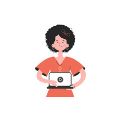 A woman stands waist-deep and holds a computer in her hands.   Element for presentations, sites.