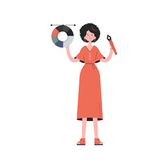 Woman standing full length with color wheel and pen tool.   Element for presentations, sites.