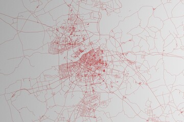 Map of the streets of Harbin (China) made with red lines on white paper. 3d render, illustration