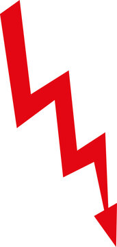 Red spiky decreasing arrow shape. Symbol for declining profit, income. Isolated png illustration, transparent background. Asset for overlay, montage, collage or presentation. Business concept.	