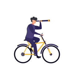 A teenage boy enjoys riding a bike and looking through a spyglass. Isolated dynamic vector flat illustration.