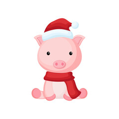 Cute little pig sitting in a Santa hat and red scarf. Cartoon animal character for kids t-shirts, nursery decoration, baby shower, greeting card, invitation. Isolated vector stock illustration