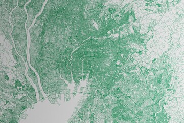 Map of the streets of Nagoya (Japan) made with green lines on white paper. 3d render, illustration