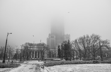 Palace of Culture and Science in Warsaw on a foggy cold winter day
