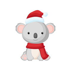Cute little koala sitting in a Santa hat and red scarf. Cartoon animal character for kids t-shirts, nursery decoration, baby shower, greeting card, invitation. Isolated vector stock illustration © Jexy