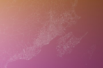 Map of the streets of Cebu (Philippines) made with white lines on pinkish red gradient background. Top view. 3d render, illustration
