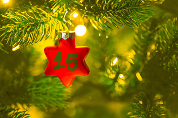 ein roter Stern mit einer Zahl (15) am Weihnachtsbaum, Weihnachtskalender