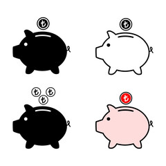 Set of Piggy bank flat icon, sign vector with turkish lira web symbol. Money income, economic graphic button
