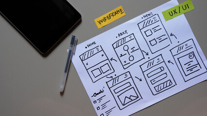 Draft sketch drawing template layout framework wireframe. User experience concept.