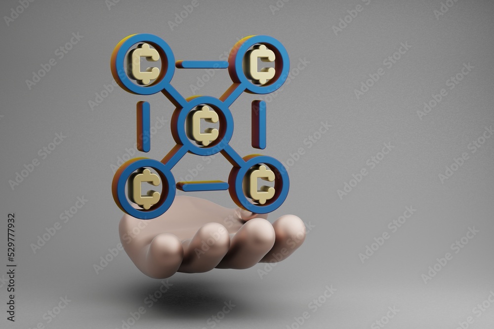 Aufkleber Beautiful abstract illustrations Golden Hand Holding Blockchain Coins symbol icon on a gray background. 3d rendering illustration. Background pattern for design.