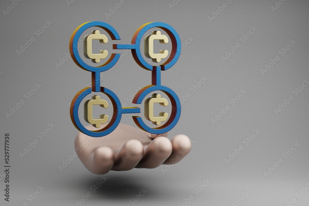 Poster Beautiful abstract illustrations Golden Hand Holding Blockchain Coins symbol icon on a gray background. 3d rendering illustration. Background pattern for design.