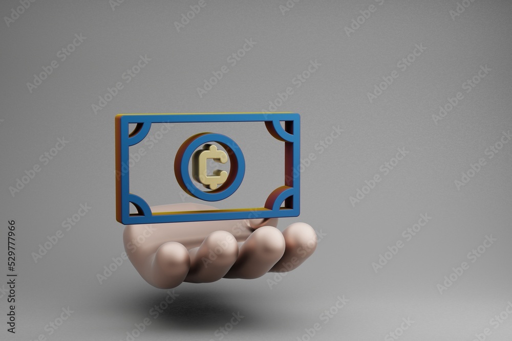 Aufkleber beautiful abstract illustrations golden hand holding cryptocurrency cash symbol icon on a gray backg