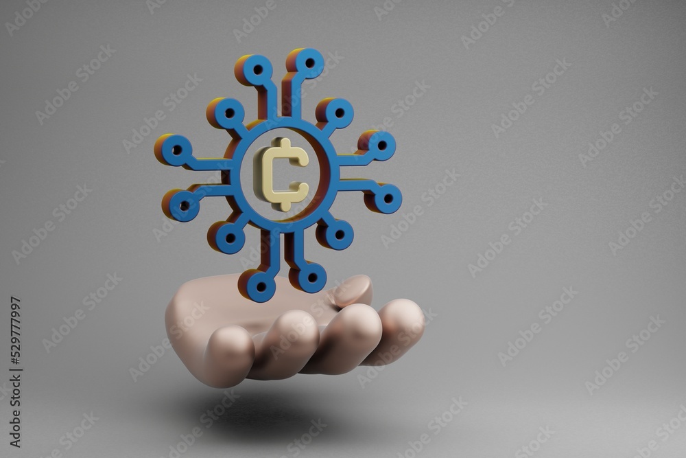 Fototapete Beautiful abstract illustrations Golden Hand Holding Blockchain Token symbol icon on a gray background. 3d rendering illustration. Background pattern for design.