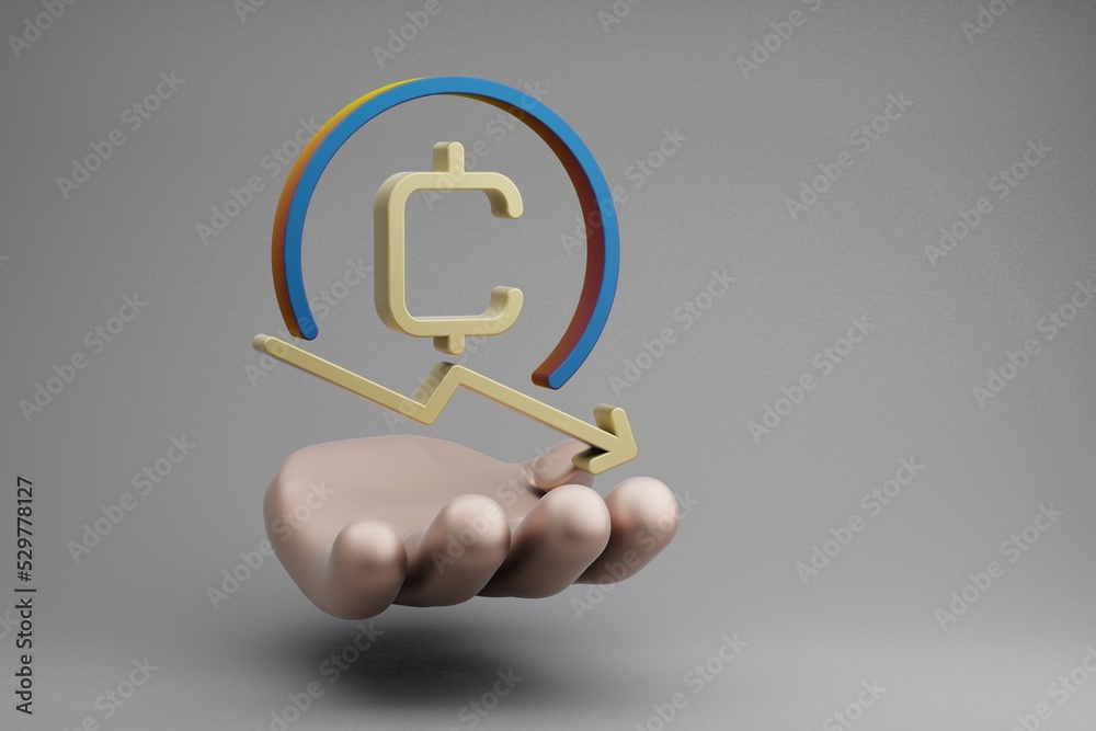Poster Beautiful abstract illustrations Golden Hand Holding Cryptocurrency Coin Down symbol icon on a gray background. 3d rendering illustration. Background pattern for design.