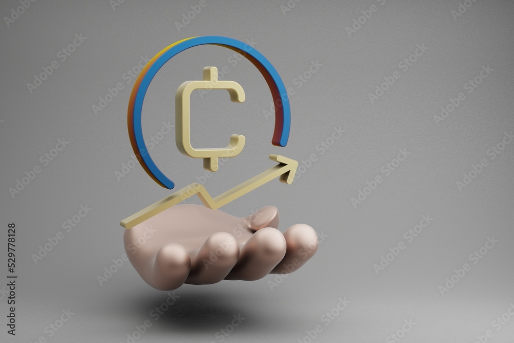 Poster beautiful abstract illustrations golden hand holding cryptocurrency coinup symbol icon on a gray bac