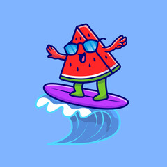 Cute Watermelon Surfing In The Sea Cartoon Vector Icon 
Illustration. Food Holiday Icon Concept Isolated Premium 
Vector. Flat Cartoon Style