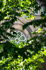 Round ornate window on historic brick facade surrounded by lush green leaves in Lund Sweden