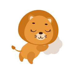 Cute little lion sleeping on cloud. Cartoon animal character for kids t-shirt, nursery decoration, baby shower, greeting cards, invitations, house interior. Vector stock illustration