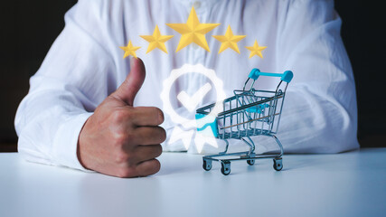 Man give rating five star and thumb up, satisfaction concept marketing, shopping cart wite approve check icon.