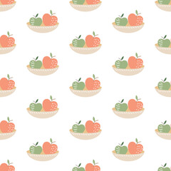 Seamless pattern with apples on a plate on a white background