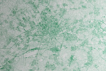 Map of the streets of Frankfurt (Germany) made with green lines on white paper. 3d render, illustration