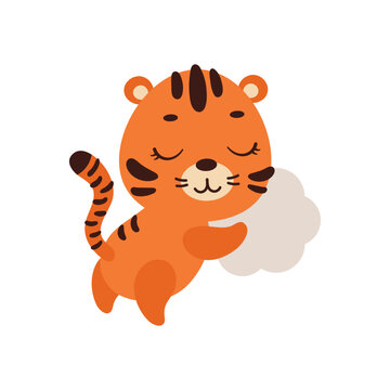 Cute little tiger sleeping on cloud. Cartoon animal character for kids t-shirt, nursery decoration, baby shower, greeting cards, invitations, house interior. Vector stock illustration