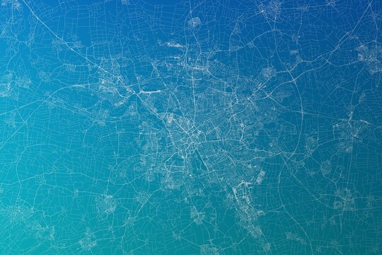 Map of the streets of Hannover (Germany) made with white lines on greenish blue gradient background. 3d render, illustration