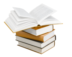 Stack of books and an opened book atop isolated on white