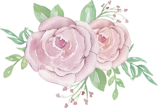 Watercolor composition with flowers and greenery. Roses and leaves illustration. Mother's Day, wedding, birthday flower image.