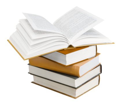 Stack of books and an opened book atop isolated on white